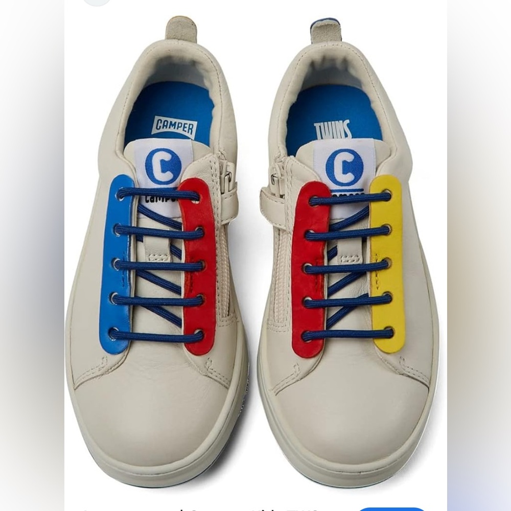 Camper Twins White Leather Youth Sneakers with Red, Blue and Yellow accent